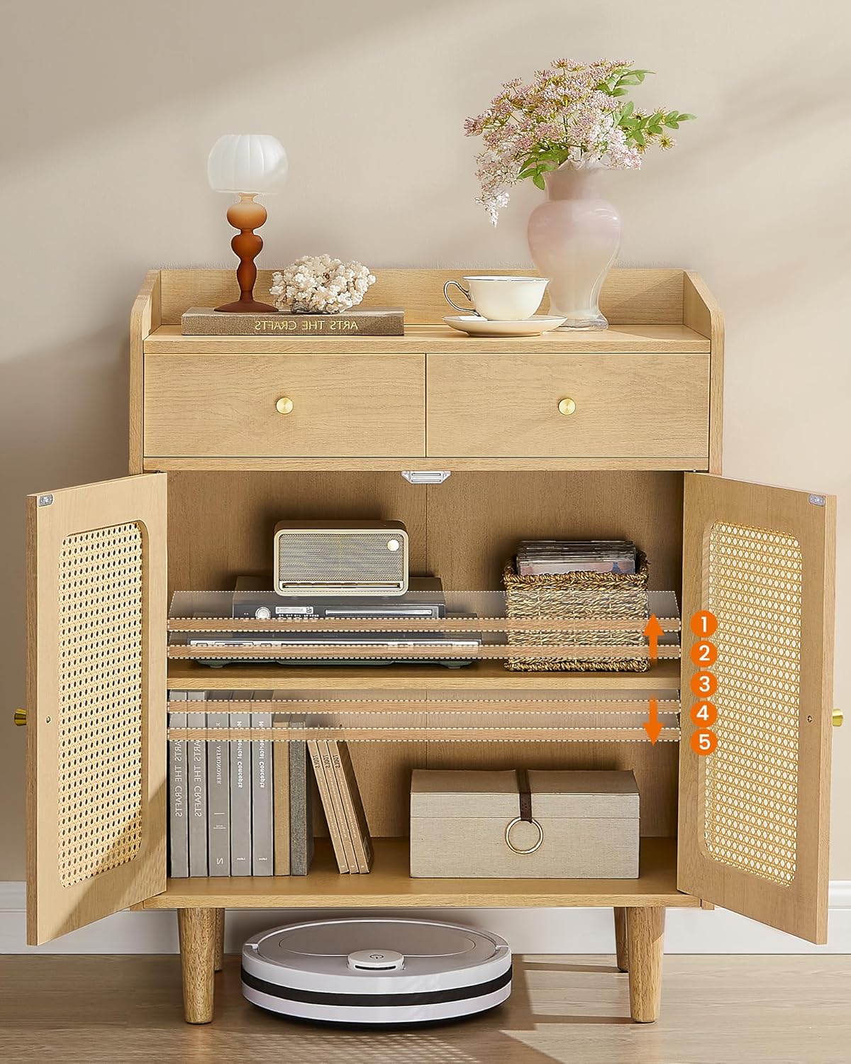 SONGMICS Dulap 70x40x90 cm, cu 2 sertare, raft reglabil si usi duble, MDF si lemn masiv, stil boho, stejar bej [6]