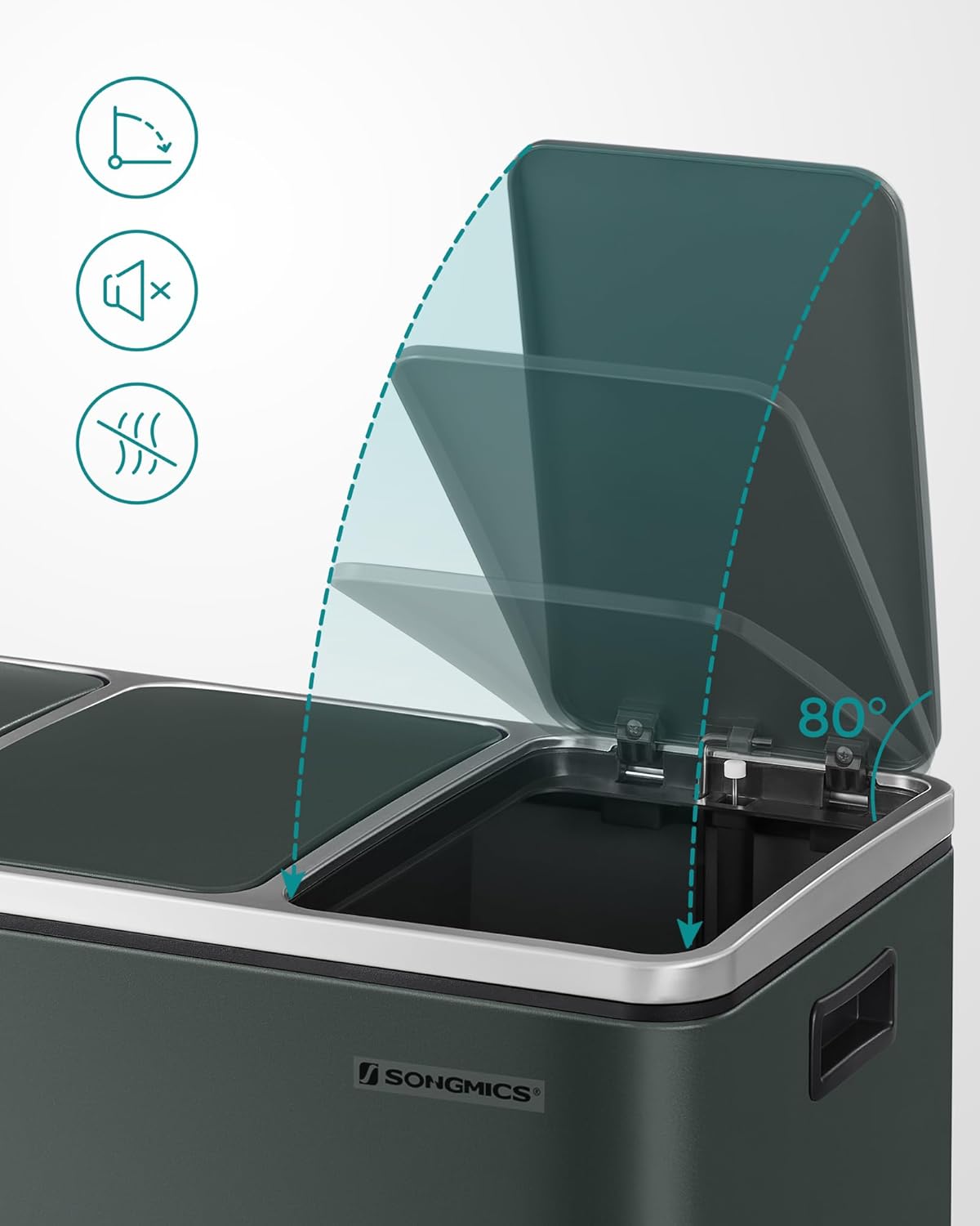 SONGMICS Cos de gunoi din inox cu 3 compartimente colectare selectiva, cu galeti interioare, 3x18litri, gri inchis [5]