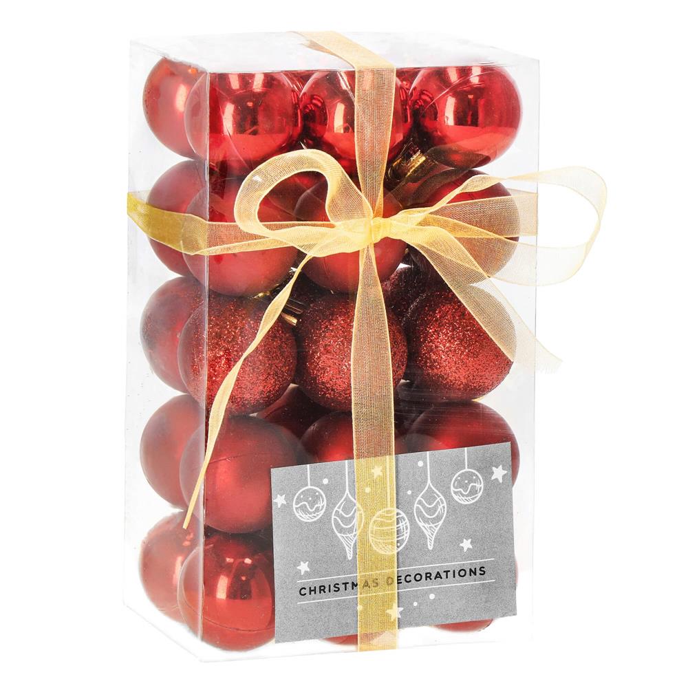 Globuri de Craciun - Set globuri de Craciun, 30 bucati, 3 modele, 3cm, rosu