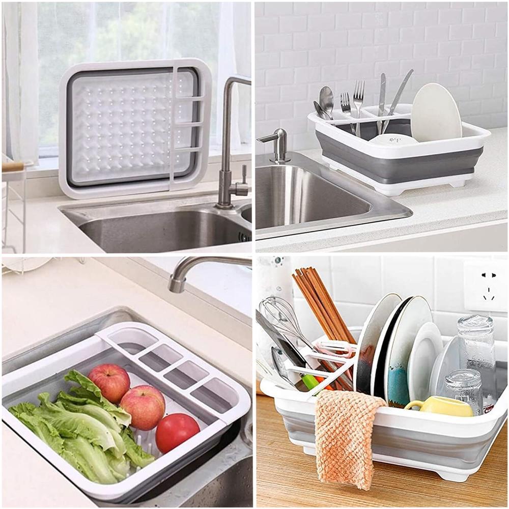 Uscator de vase pliabil, din pastic si silicon, 36x31x12cm, suport tacamuri, alb si gri [7]