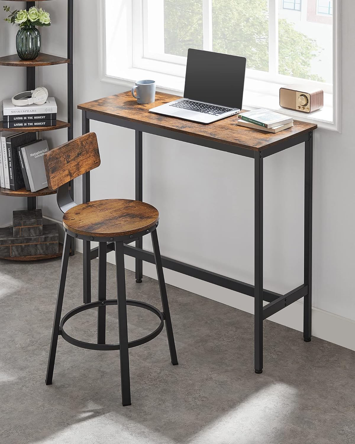 VASAGLE Set de 2 scaune de bar inalte cu spatar, cadru din otel, industrial, 51x89cm, maro rustic [7]