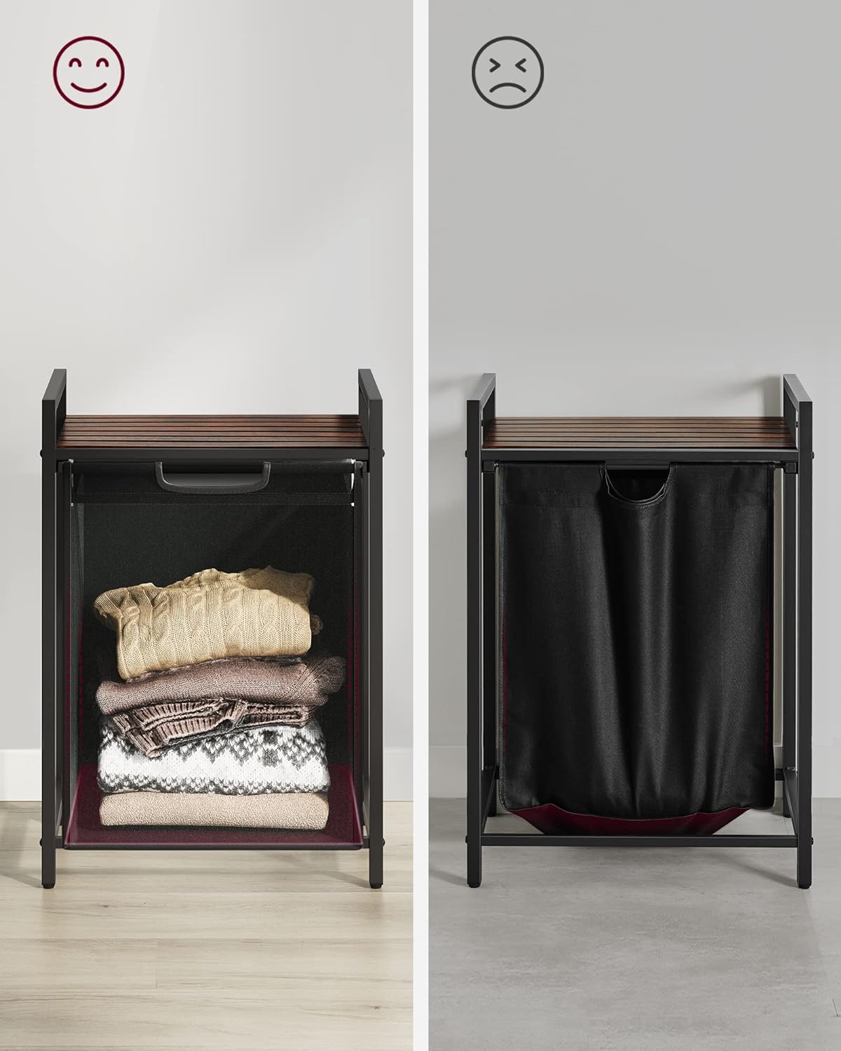 VASAGLE Cos de rufe, sac de rufe detasabil, raft, cadru metalic, 65L, 50x33x72 cm, maro rustic si negru [7]