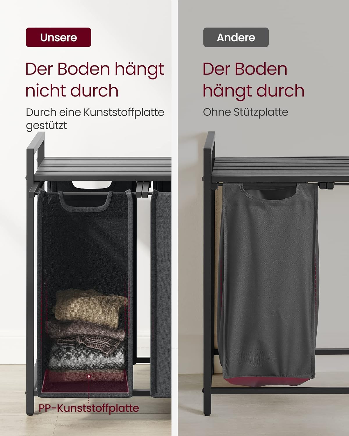 VASAGLE Cos de rufe, 3 compartimente, saci de rufe detasabili, raft, cadru metalic, 3x38L, 93x33x72 cm, negru [7]