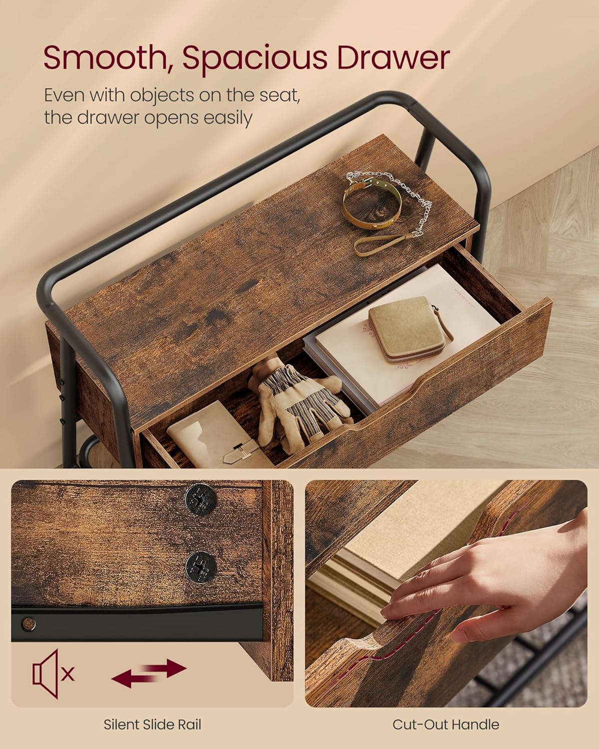 VASAGLE Pantofar cu banca de depozitare, raft si sertar, stil industrial, 30x80x64 cm, maro rustic [7]