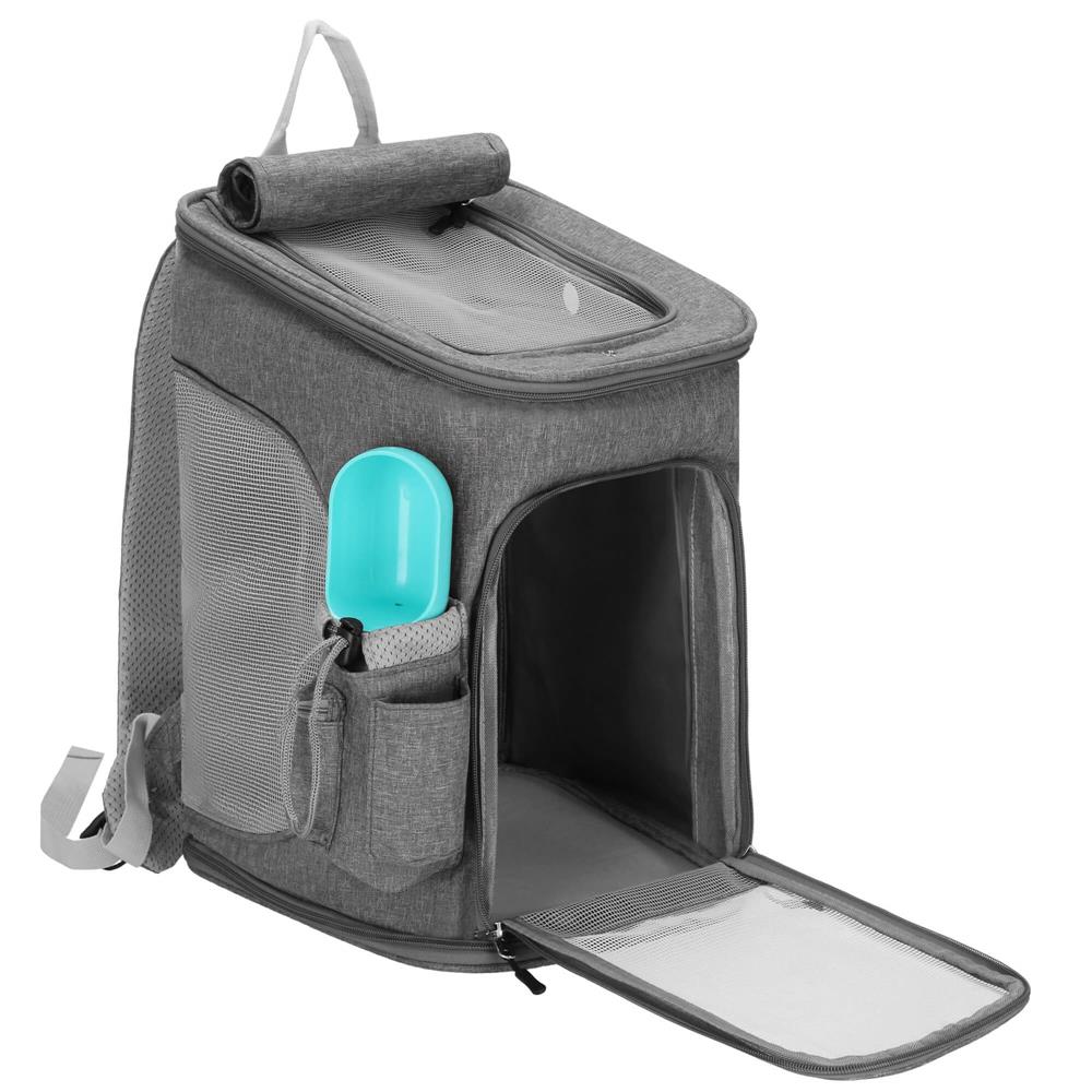 Disponibil livrare locker - Rucsac transport animale talie mica-medie, maxim 12 kg, buzunare laterale, 39x28x27 cm, gri