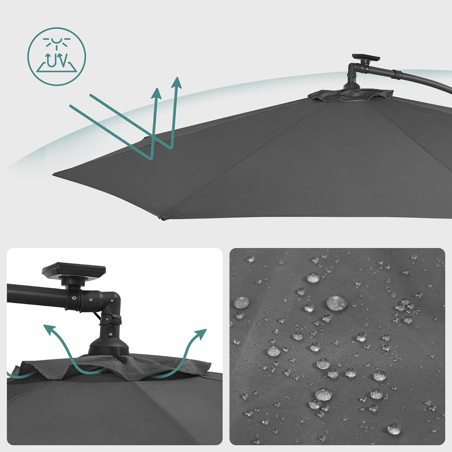 SONGMICS Umbrela de gradina cu brat lateral banana, 300cm, cu iluminare LED solara, gri [7]