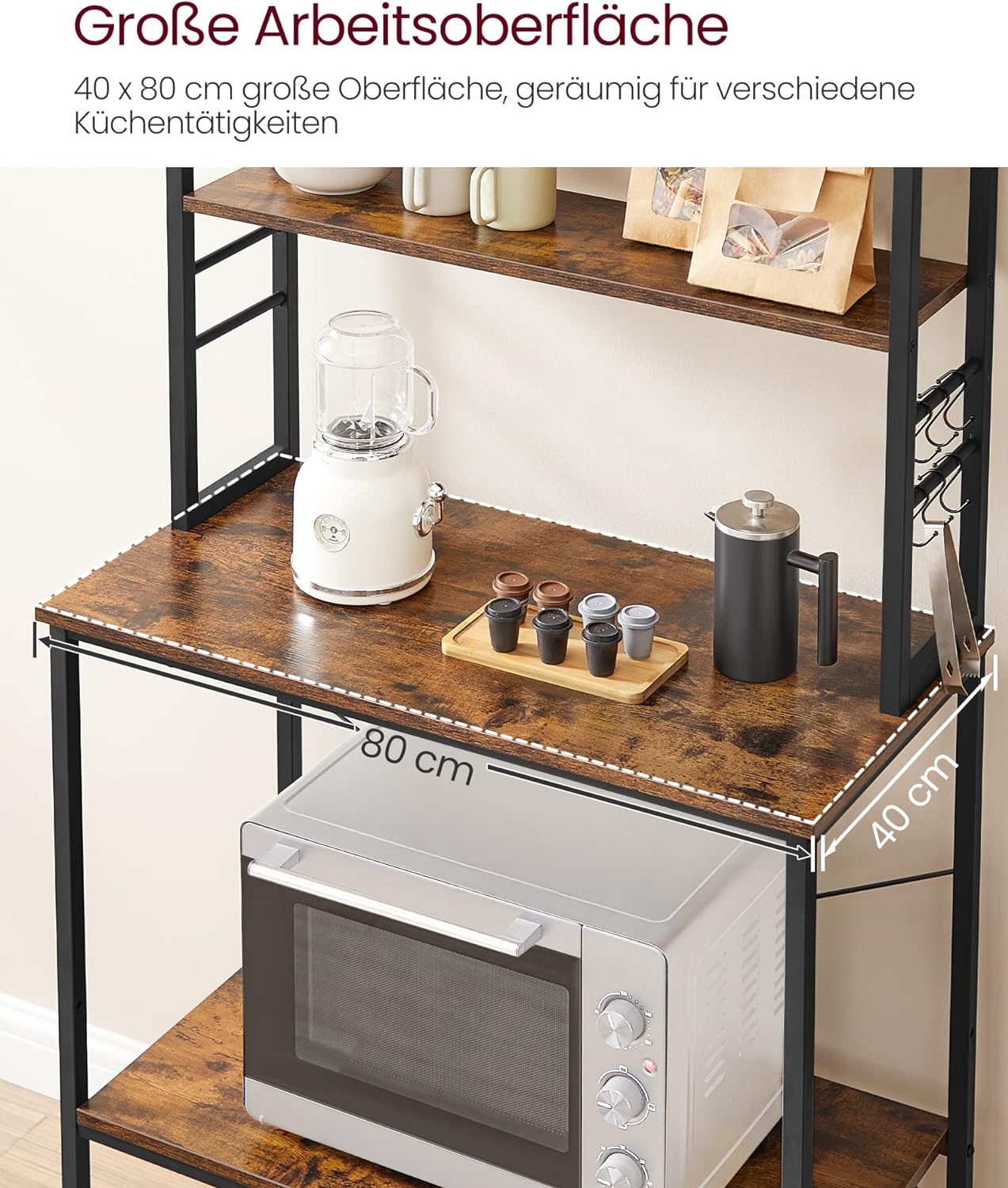 VASAGLE Raft de bucatarie cu spatiu pentru cuptorul cu microunde, 6 rafturi, otel, industrial, 40x80x167cm, maro retro si negru [7]