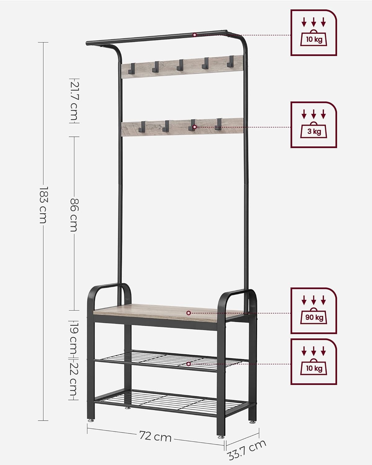 VASAGLE Cuier pentru haine cu banca de depozitare pantofi, cu 9 carlige si sina pentru haine, 34x72x183 cm, gri si negru [7]