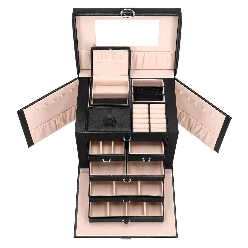 Cutie depozitare si organizare bijuterii, piele ecologica + velur, 26 x 21,5 x 19 cm, negru [8]