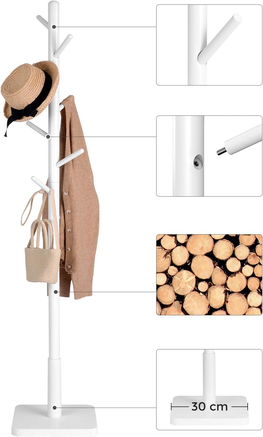 VASAGLE Cuier pentru haine, din lemn masiv, tip pom, cu 8 carlige, baza patrata, 175cm, alb [7]
