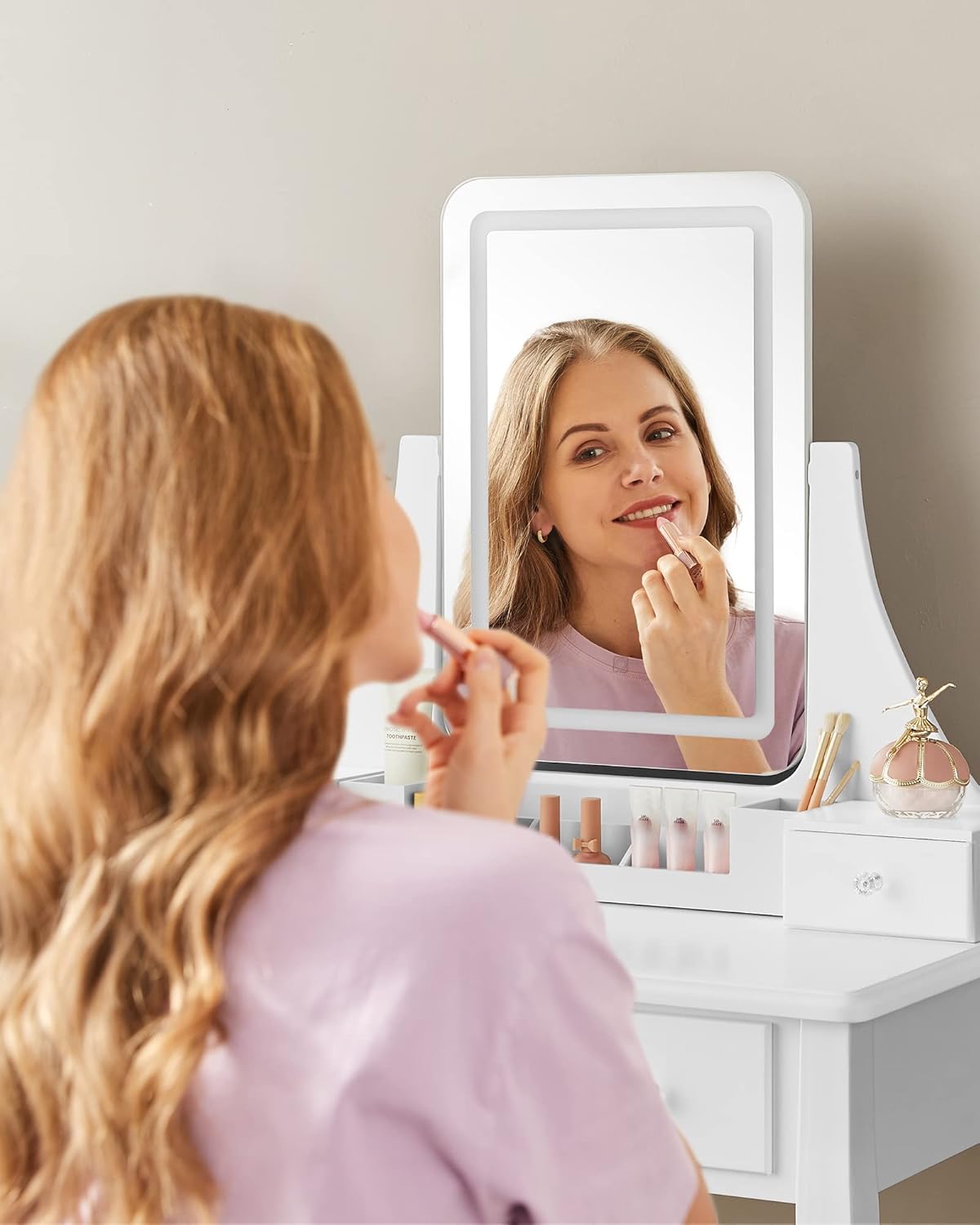 VASAGLE Masa de toaleta cu taburet, oglinda rotativa 360°, iluminare LED reglabila, 80x40x138 cm, alb [8]