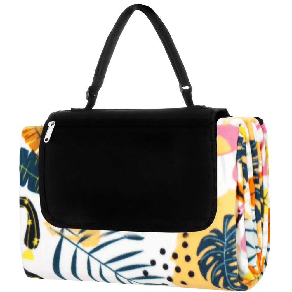 Patura pentru picnic sau plaja, cu folie izolatoare si maner, 150x200cm, model tropical, alb verde [7]