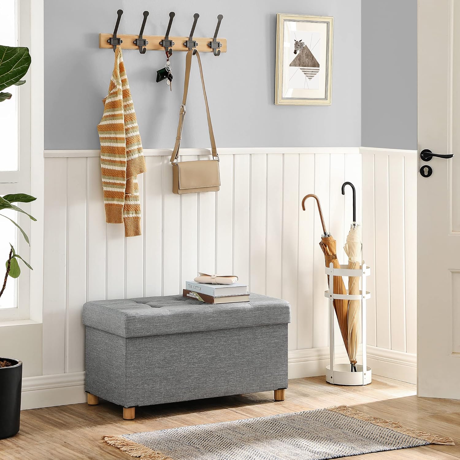 SONGMICS Taburet pliabil cu sezut moale, spatiu de depozitare, maxim 300 kg, 76x38x40 cm, gri deschis [7]