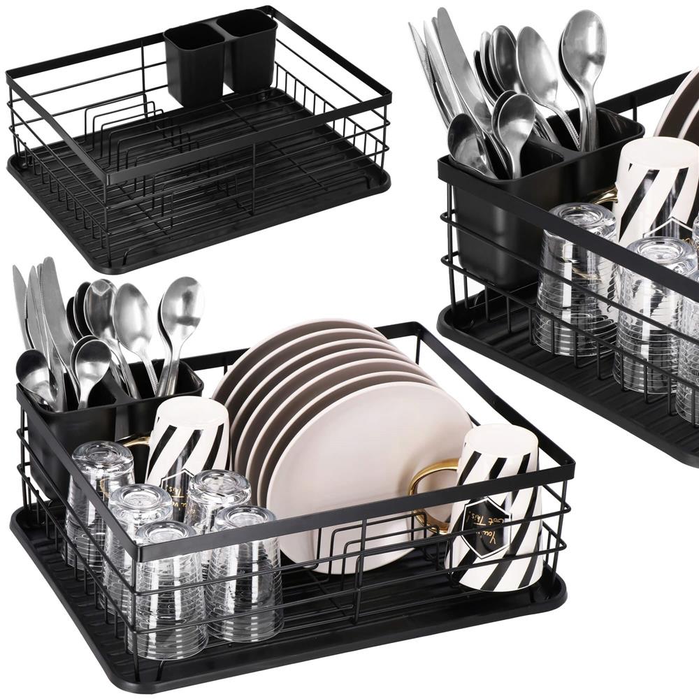 Uscator de vase cu suport tacamuri, din otel, cu tava de scurgere, 42x32x15cm, negru [8]