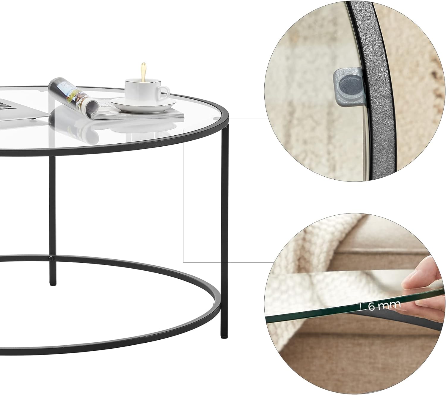 VASAGLE Masa de cafea rotunda, din sticla securizata cu cadru metalic, 84x84x45cm, negru [7]