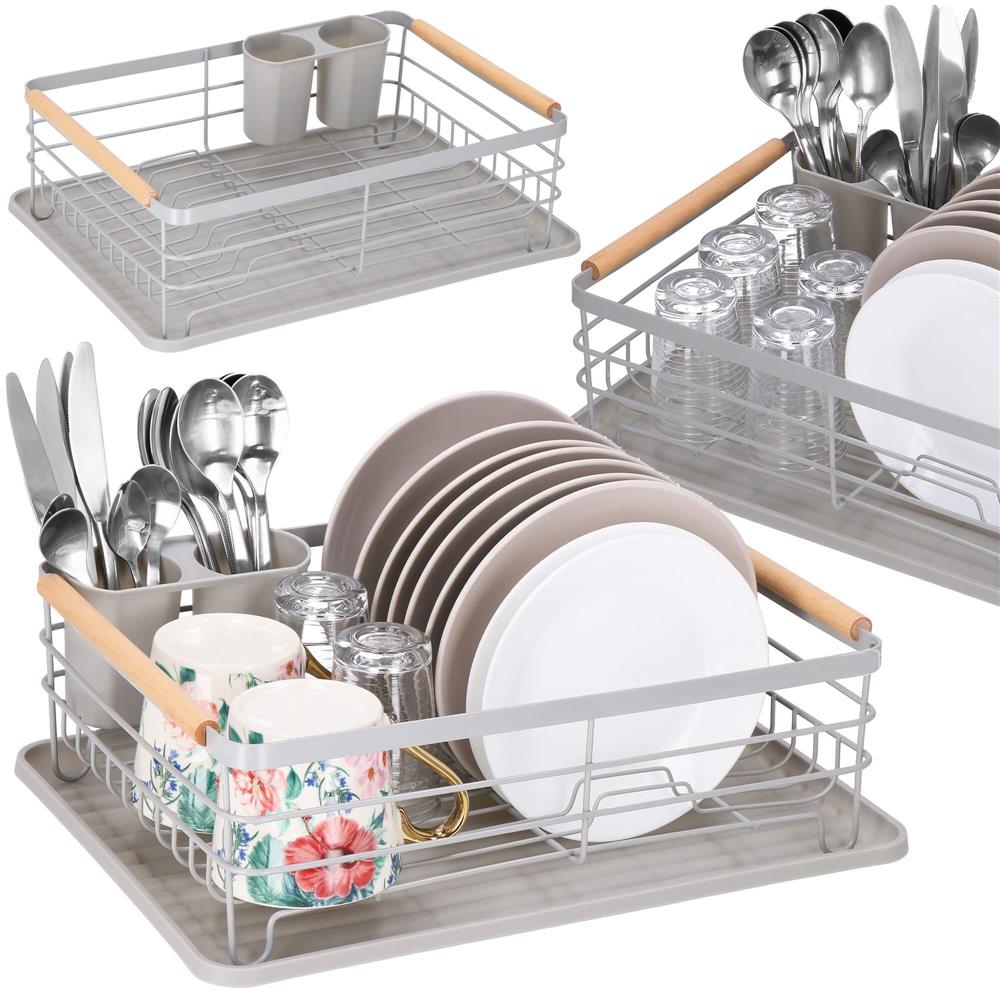 Uscator de vase cu suport tacamuri, din otel, cu tava de scurgere, manere lemn, 42x32x15cm, gri [8]