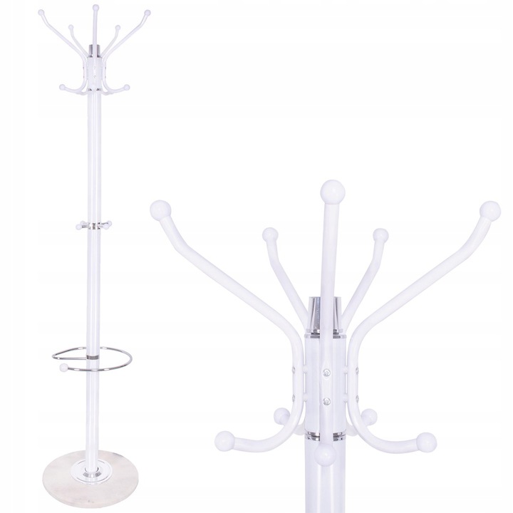 Cuier tip pom din metal cu baza de marmura, 14 agatatoare, 176cm, alb [2]