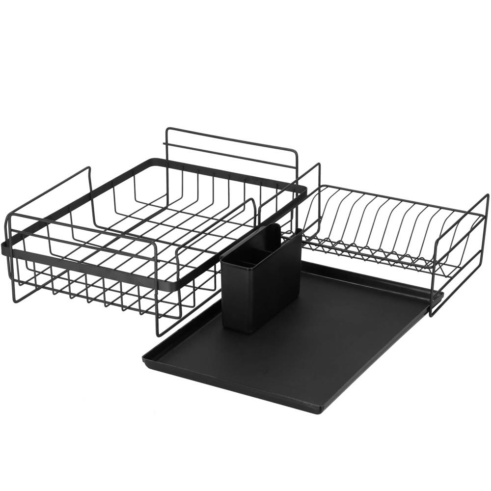 Uscator de vase cu suport tacamuri, din otel, pe 2 nivele, cu tava de scurgere, 50x30x24cm, negru [8]