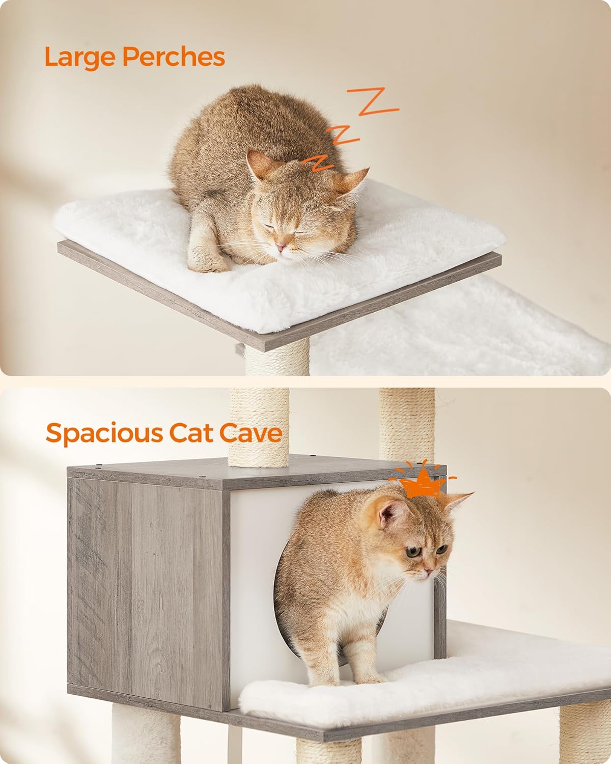 FEANDREA Ansamblu de joaca pisici, tip copac, cu culcusuri, ascunzatoare si hamac, 55x45x138 cm, alb si gri [7]