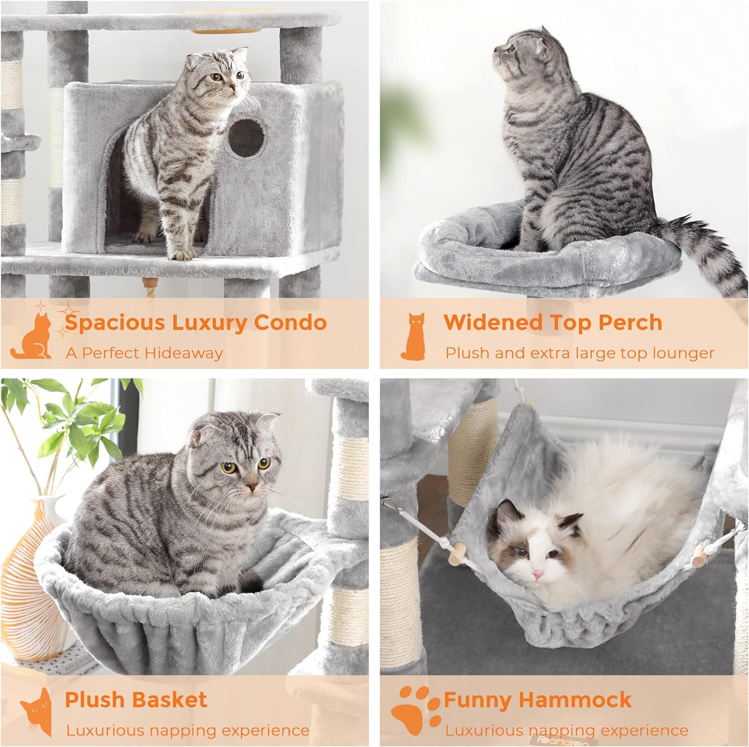 FEANDREA Ansamblu de joaca pentru pisici, tip copac, cu culcus si ascunzatoare, 55x50x164cm, gri deschis [7]