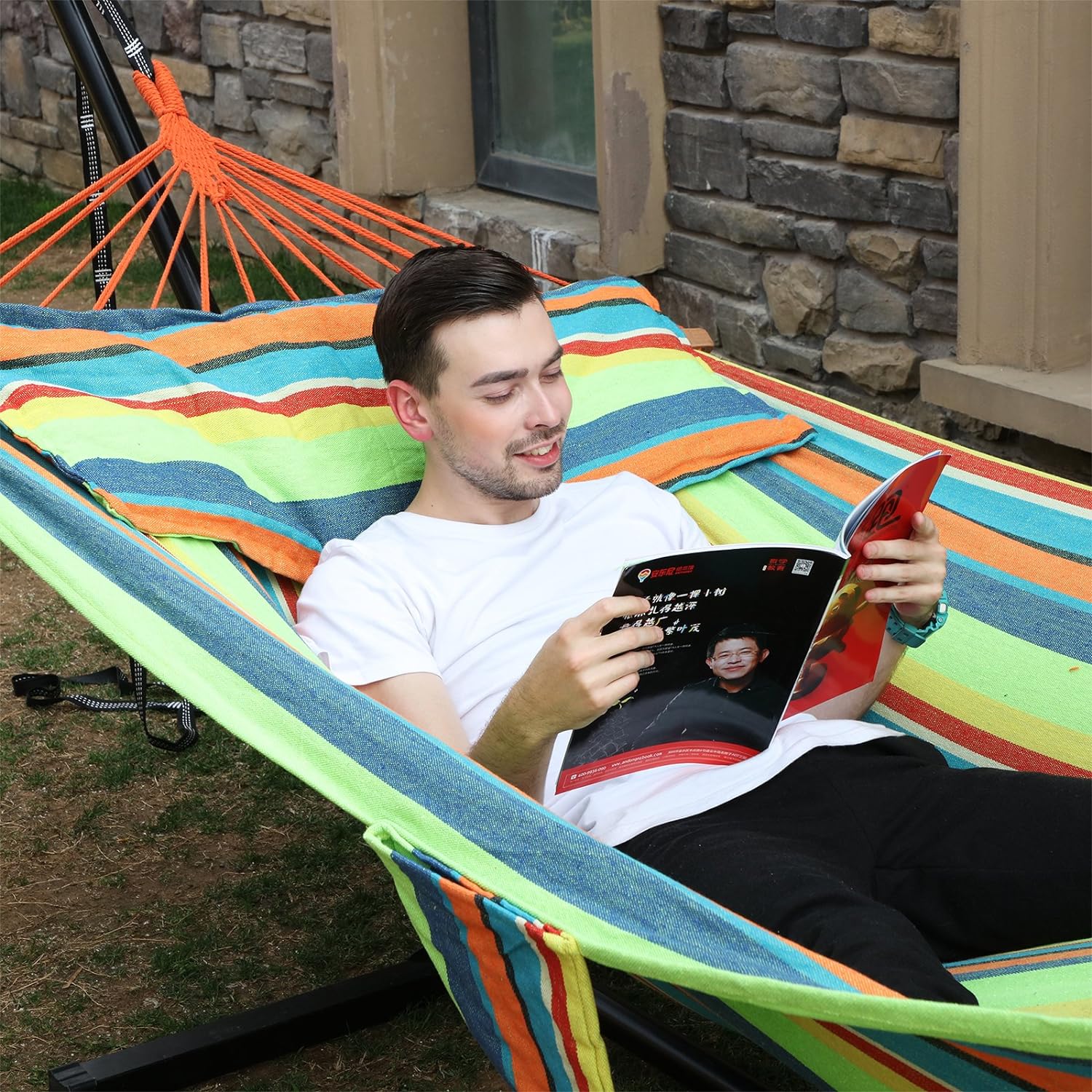 SONGMICS Hamac dublu cu bara lemn, perne incluse, maxim 300 kg, 210x150 cm, multicolor [7]