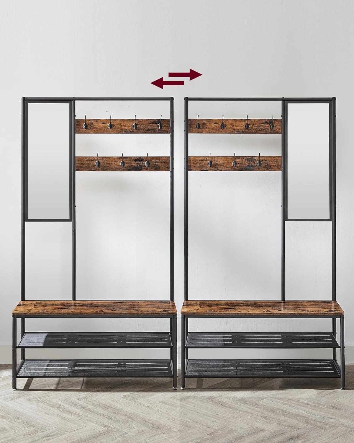 VASAGLE Cuier cu rafturi depozitare pantofi si ​​oglinda, industrial, 35x98x180 cm, maro rustic si negru [7]