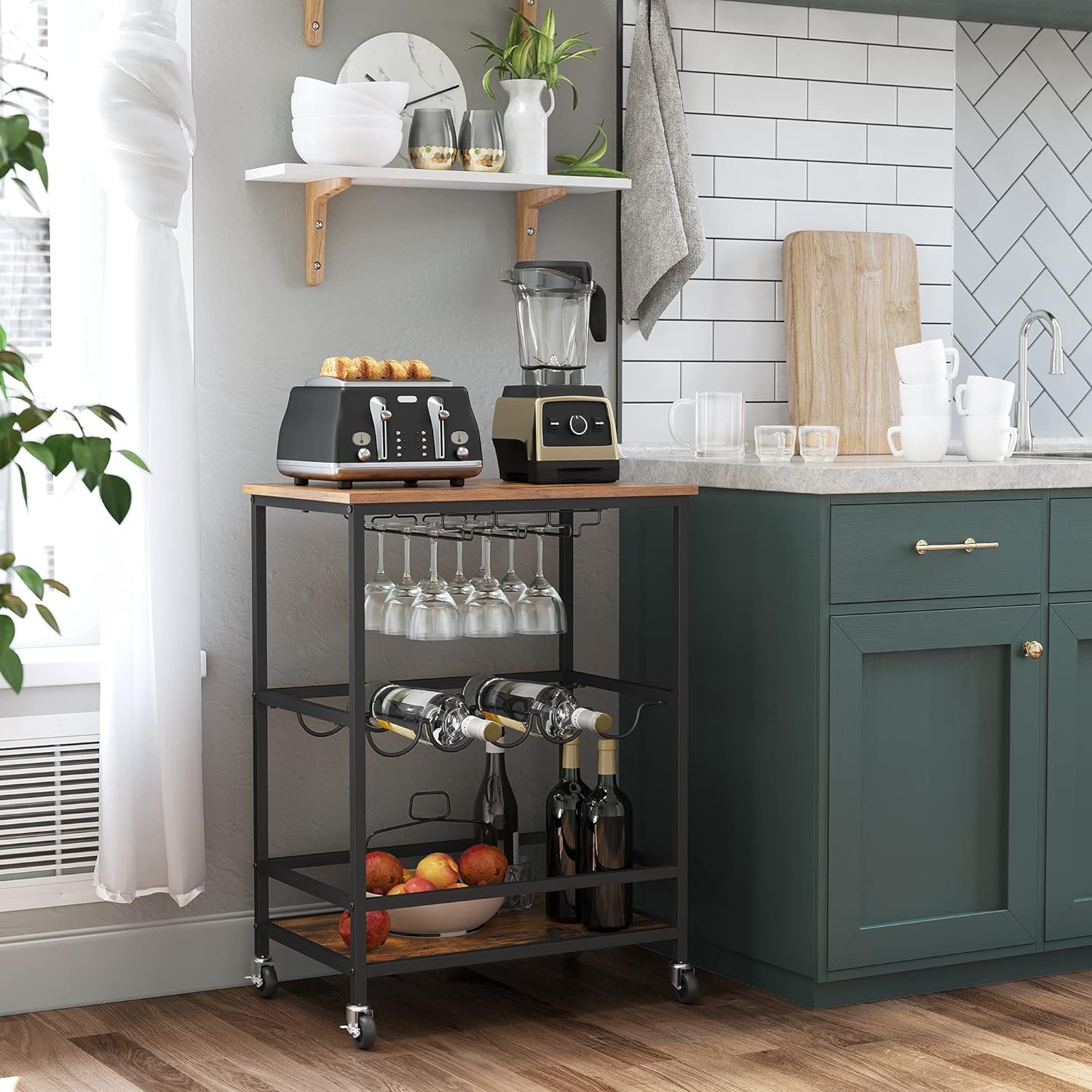 VASAGLE Carucior de servire pe roti, cu suport pentru sticle si pahare de vin, 40x60x82cm, Industrial, Vintage Maro/Negru [7]