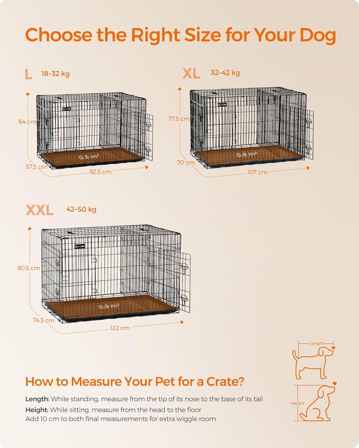 FEANDREA Cusca pentru animale, 2 usi, pliabila din metal, perete separator si tava detasabile, XL, 107x70x78cm, negru [7]
