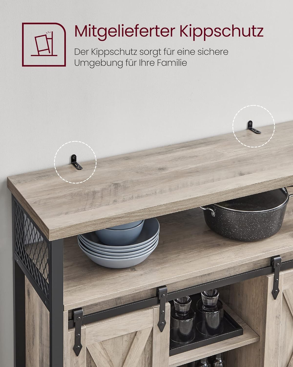 VASAGLE Comoda pentru living sau bucatarie, cu 2 usi glisante, rafturi reglabile, stil rustic, 33x100x80cm, gri [7]