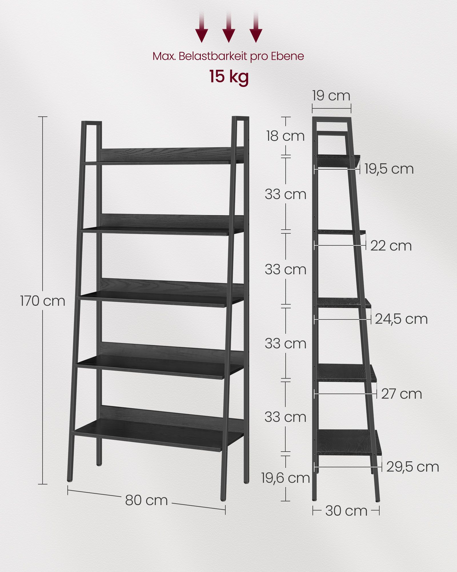 VASAGLE Biblioteca tip scara, cadru otel cu 5 polite, stil industrial, 80x30x170 cm, negru [7]