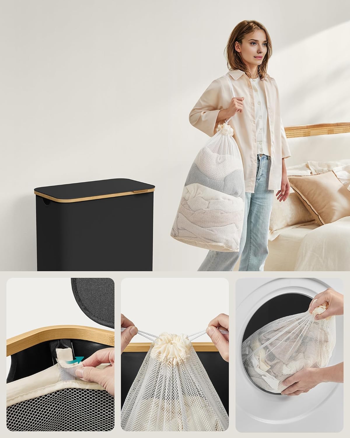 SONGMICS Cos de rufe textil, pliabil, cu 2 compartimente detasabile, 130L, 52x39x71 cm, negru [7]