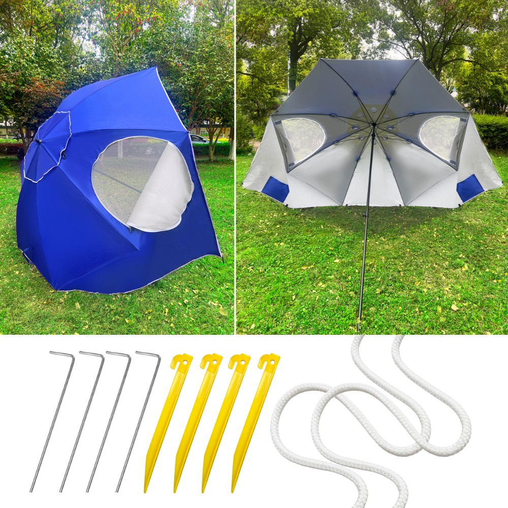 Umbrela plaja 3in1 215x205 cm, cu paravan lateral, fereastra si husa transport, material UV, albastru [7]