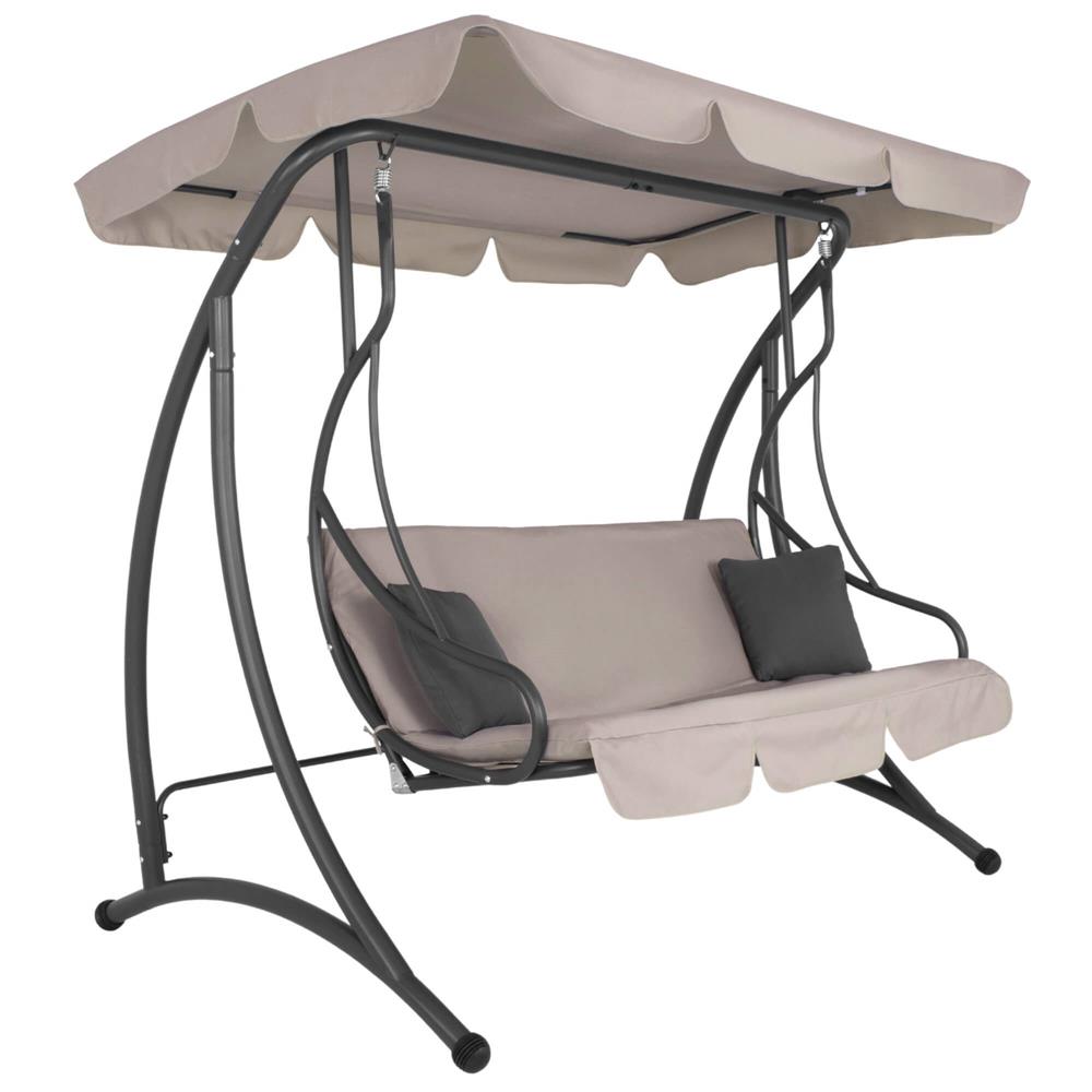 Leagan de gradina 190x115x176 cm, pentru 3 persoane, copertina reglabila, perne incluse, cadru otel si material impermeabil, bej [8]