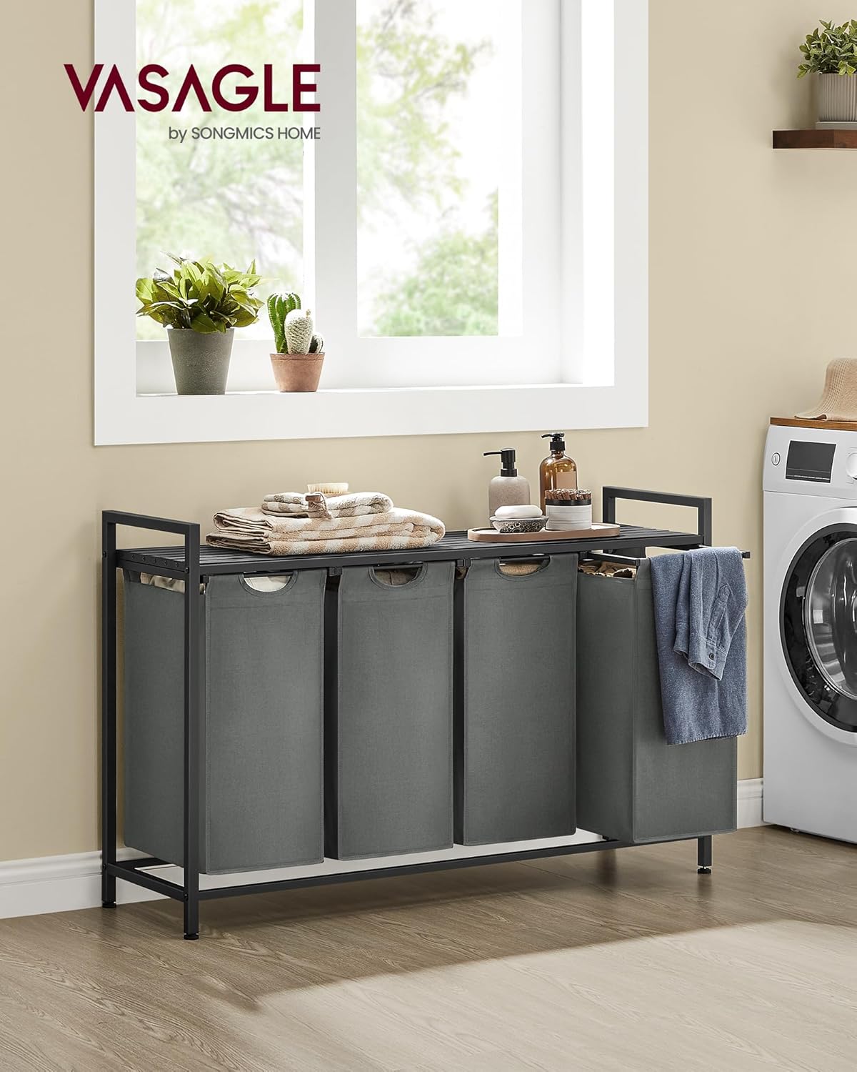 VASAGLE Cos rufe 4x40L, saci detasabili, raft superior si cadru metalic, 116x33x72 cm, negru si gri [4]