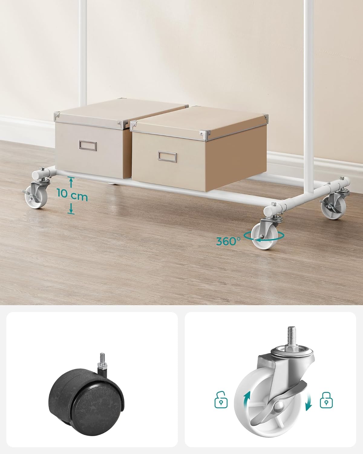 SONGMICS Suport pentru haine cu sina superioara extensibila, pe roti, reglabil pe latime, 45x(92-132)x160cm, alb [6]