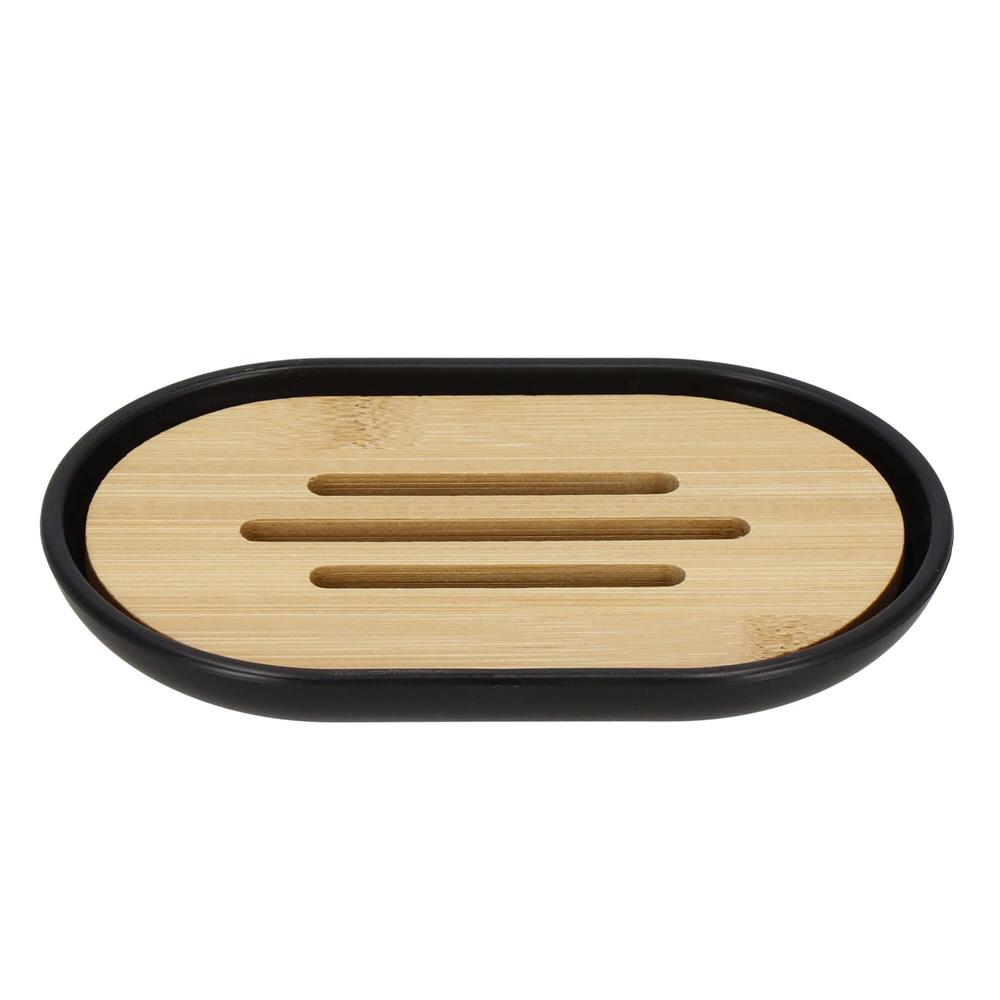 Set de accesorii rotunde pentru baie din plastic cu elemente bambus, 6 piese, negru [2]