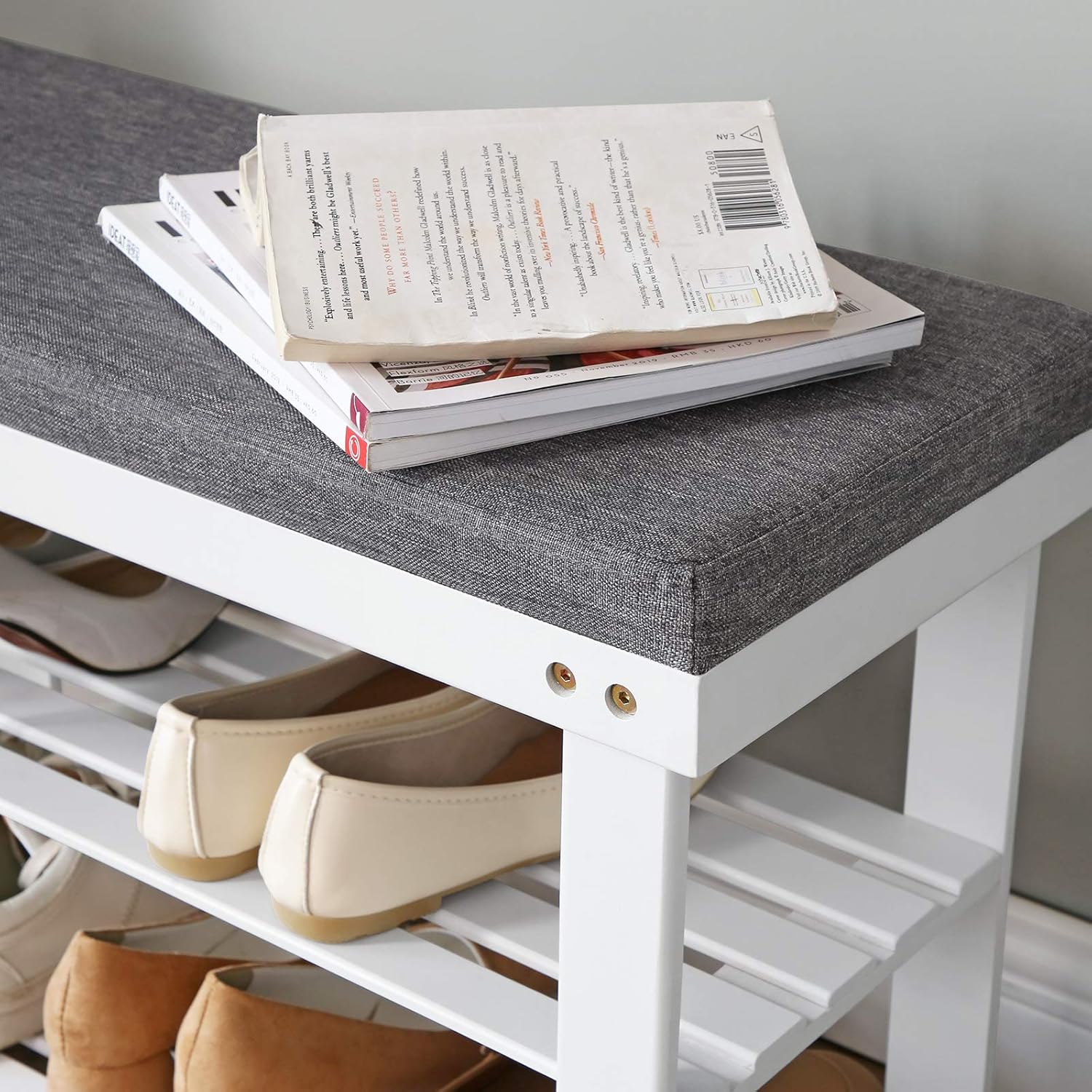 SONGMICS Banca pentru pantofi din bambus, 2 niveluri, cu perna, sarcina 150 kg, 71x29x49 cm, alb si gri [8]