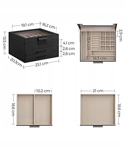 SONGMICS Cutie de bijuterii cu 3 nivele, 2 sertare, capac din sticla si incuietoare, 20x23x14cm, negru [2]