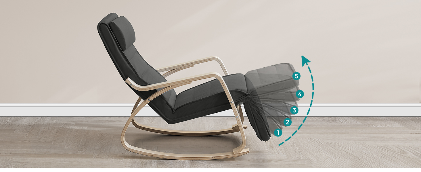 SONGMICS Scaun balansoar din lemn, suport picioare reglabil, maxim 150kg, 67x122x84 cm, gri inchis [8]