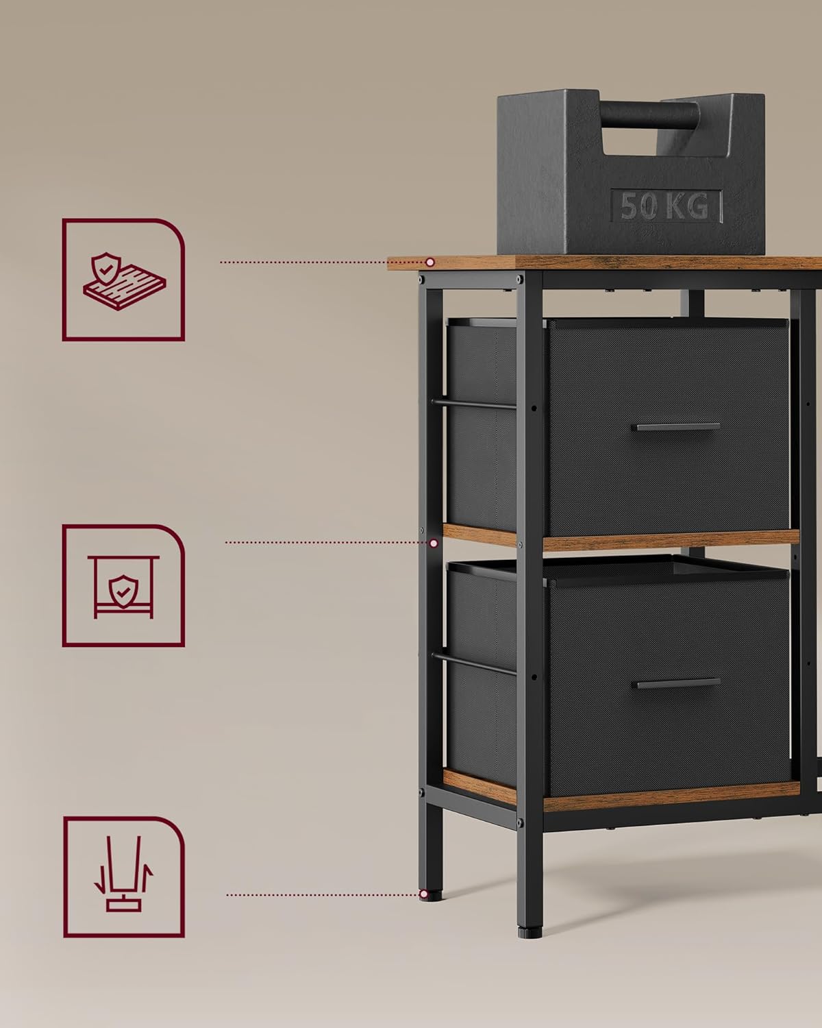 VASAGLE Birou in forma de L, suport monitor, 2 rafturi si 2 sertare, 105x135x76 cm, maro rustic [8]