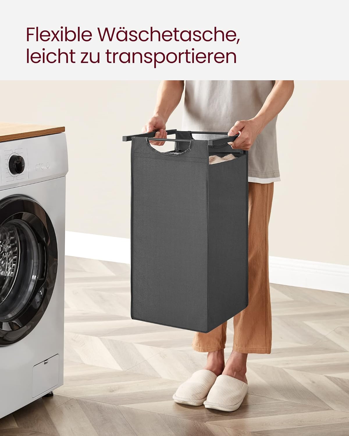 VASAGLE Cos de rufe, 3 compartimente, saci de rufe detasabili, raft, cadru metalic, 3x38L, 93x33x72 cm, negru [8]