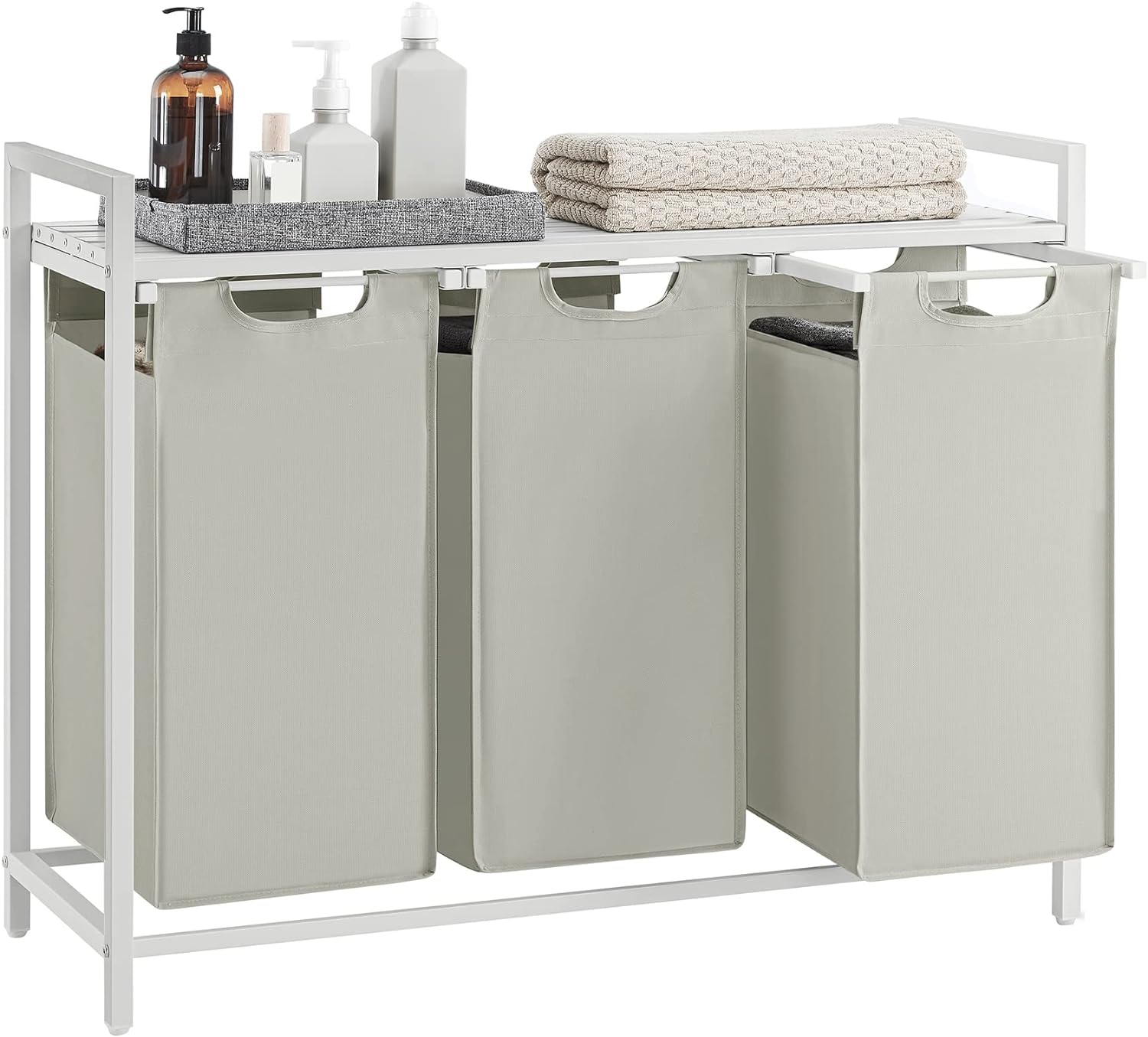 VASAGLE Cos de rufe, 3 compartimente, saci de rufe detasabili, raft, cadru metalic, 3x38L, 93x33x72 cm, alb [8]
