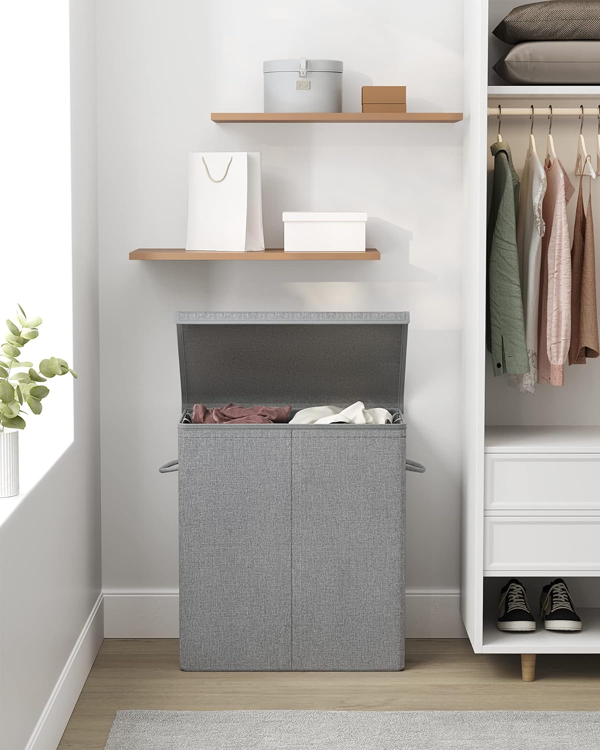 SONGMICS Cos de rufe textil, pliabil, 2 compartimente, saci detasabili, 142L, 60x36x66cm, gri [9]