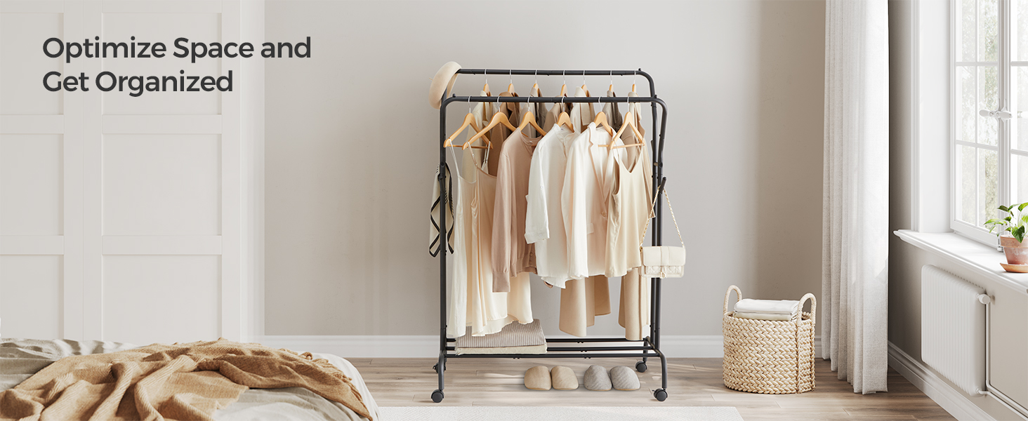 SONGMICS Suport pentru haine pe roti, cu polita, sina dubla, cadru metalic, sarcina 100kg, 53x104x155cm, negru [8]