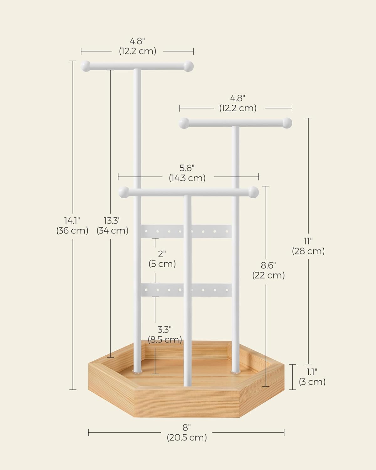 SONGMICS Stand organizator de bijuterii, cu cadru metalic, suport cercei, bratara, colier, inele, 18x21x36cm, alb [7]