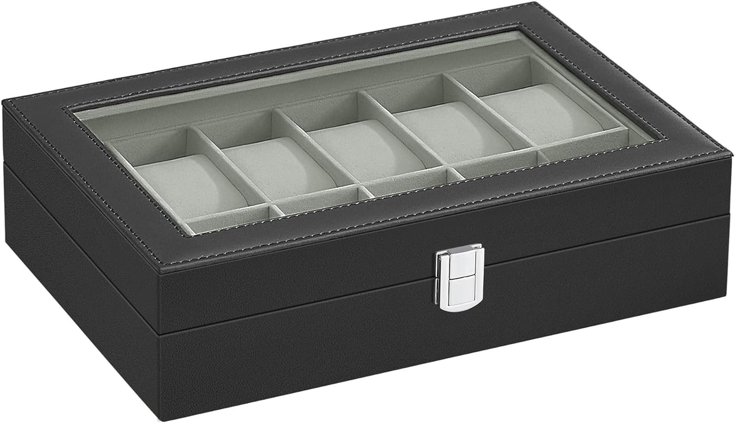 SONGMICS Cutie depozitare si organizare ceasuri, cu 12 locuri, piele sintetica, cu capac de sticla, 20x30x8cm, negru [8]