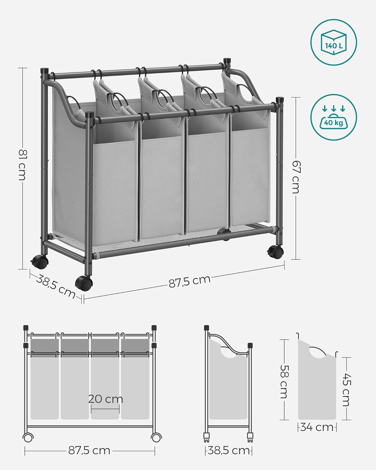SONGMICS Cos de rufe cu 4 saci detasabili, structura metalica pe roti, 4x35L, 87x38x81cm, gri [9]