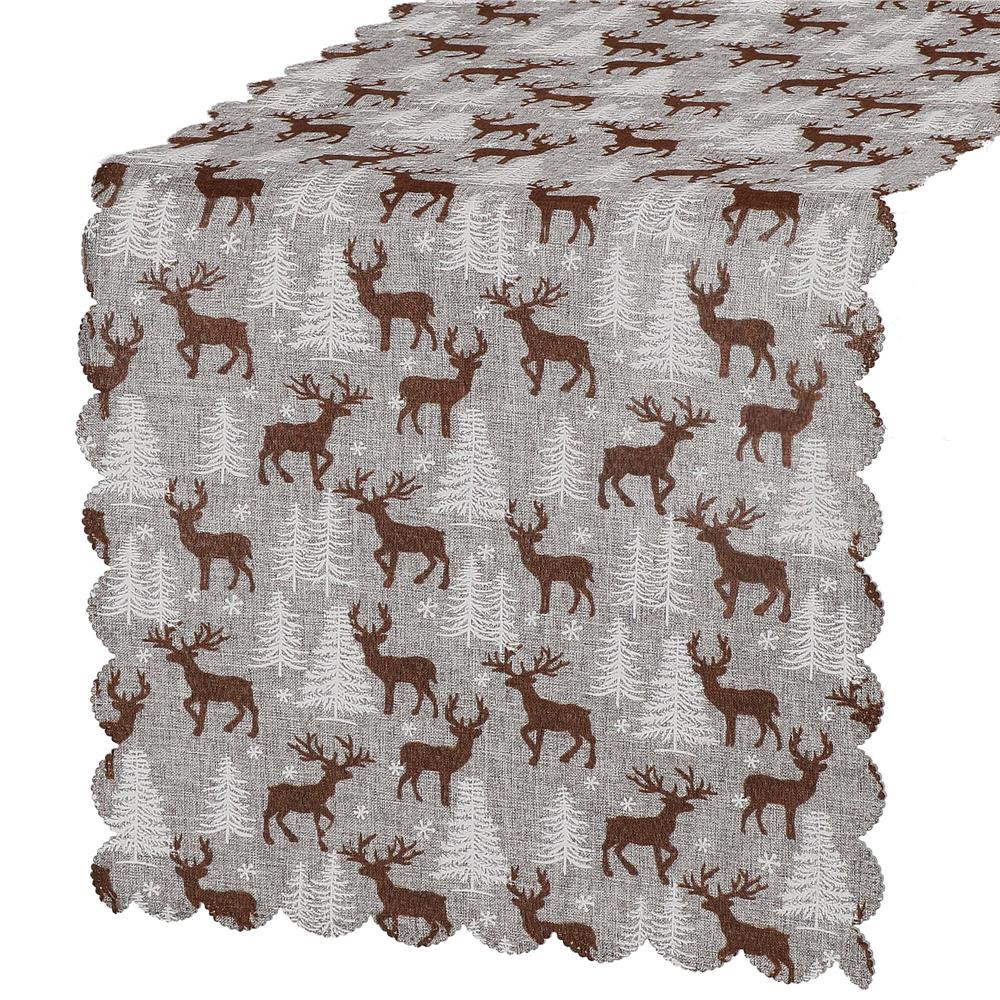 Decoratiuni Craciun - Fata de masa pentru decor, cu motive de Craciun, din stofa, 35x186cm, gri