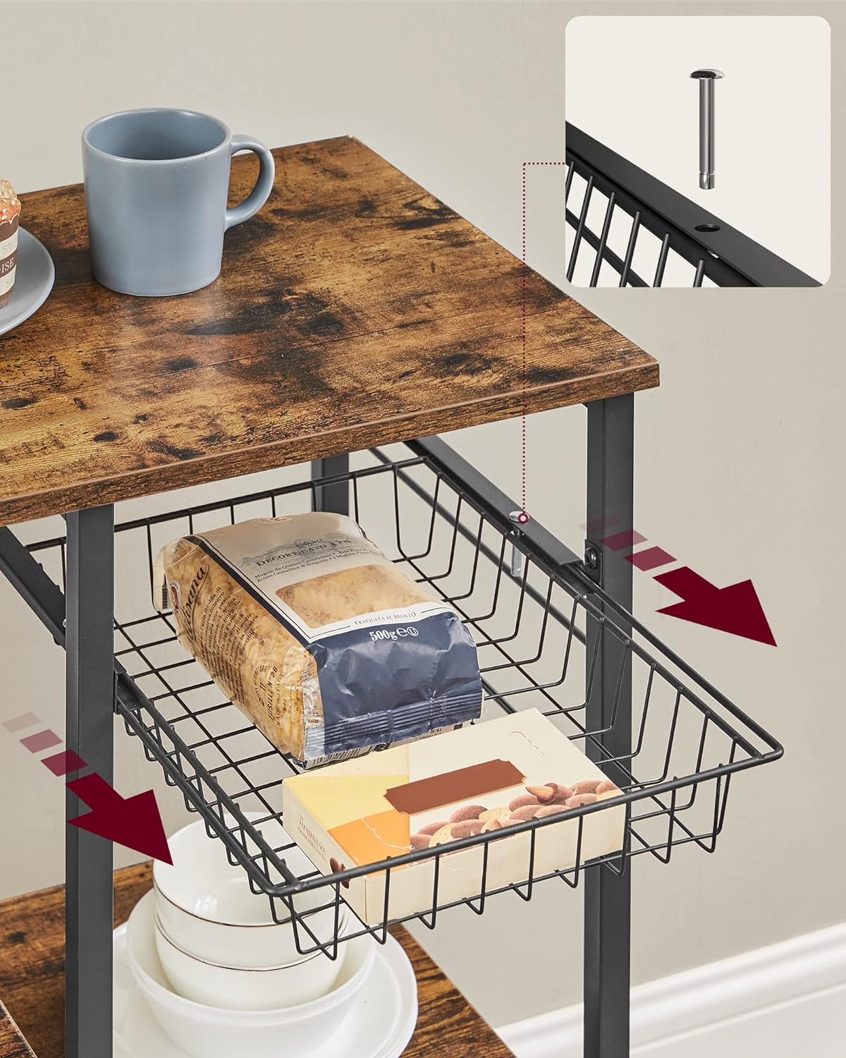 VASAGLE Raft de bucatarie, suport pentru cuptorul cu microunde, cos de sarma, 6 carlige S, 39x90x132cm, maro rustic [7]