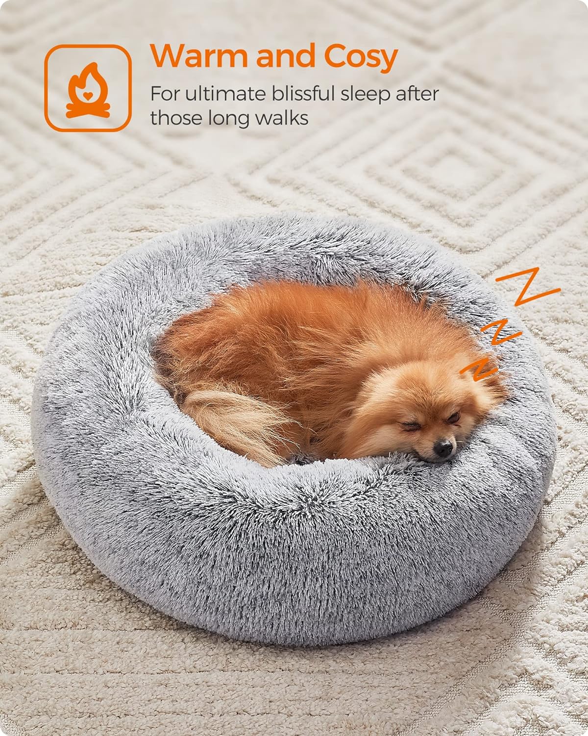 FEANDREA Pat pufos pentru caini si pisici, cu husa detasabila, lavabila, plus moale cu fir lung, 60 cm, gri [9]